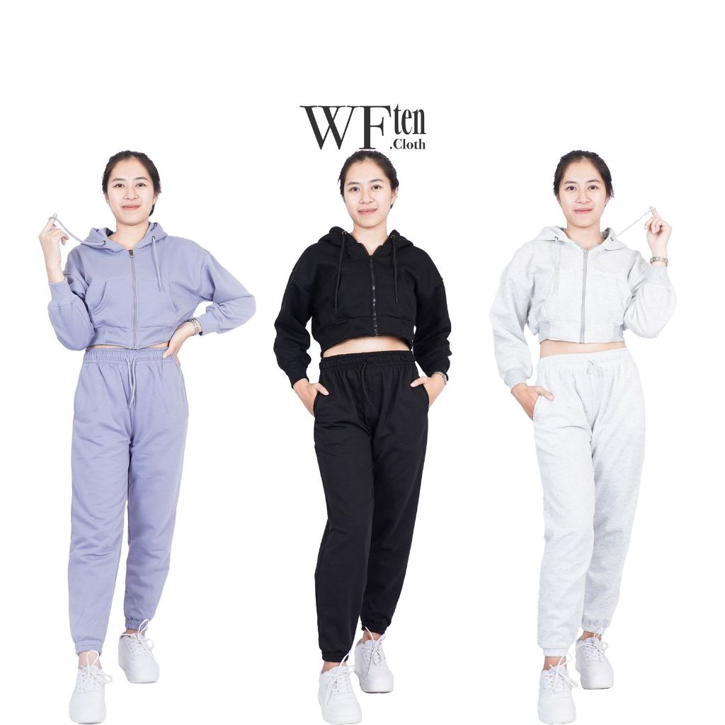 ONE SET HOODIE ZIPPER CROP + CELANA JOGGER PANJANG SWEATPANTS ONE SET KOREA