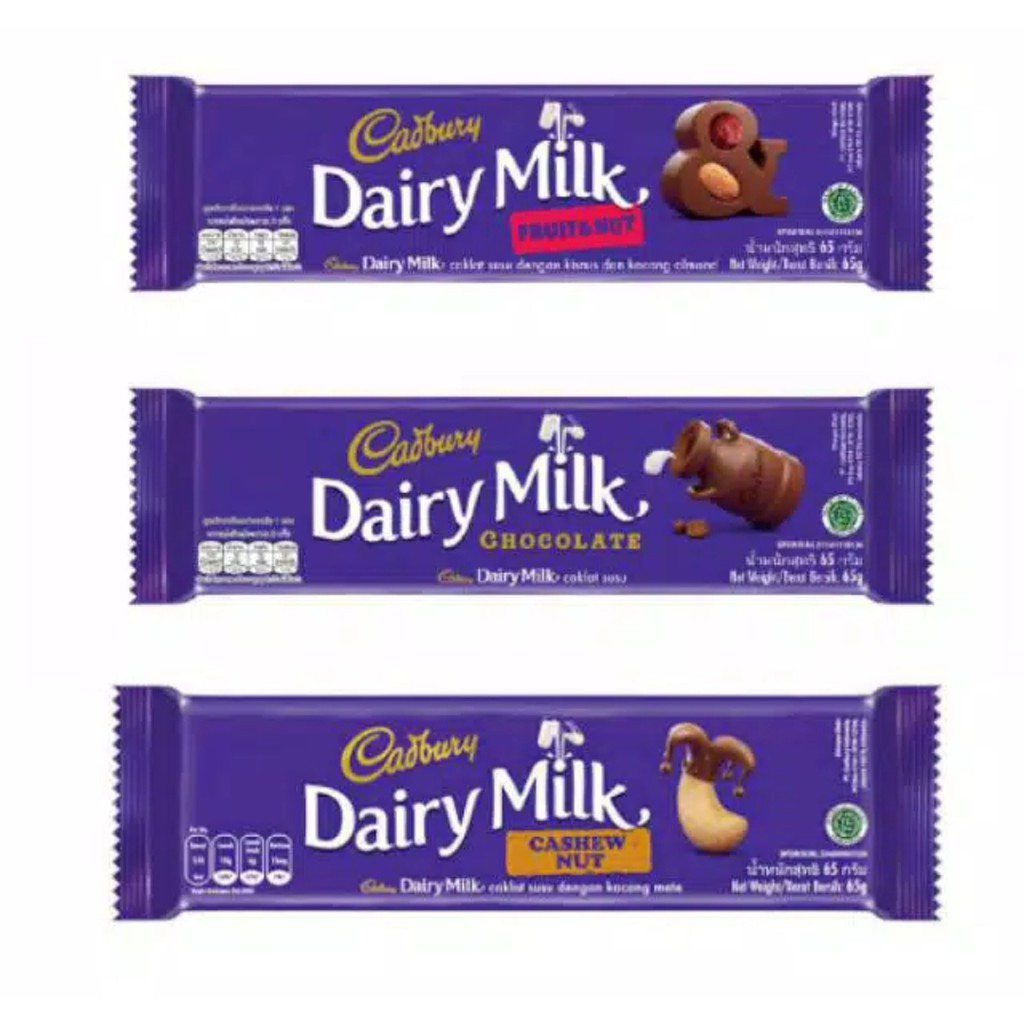 

Cadbury dairy milk 30 gram (chocolate / fruit & nut / cashew nut)