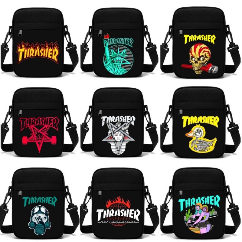 Tas Selempang Hitam Thrasher Distro Bahan 100% Kanvas Cordura / Tas Selempang Mini Thrasher Logo /