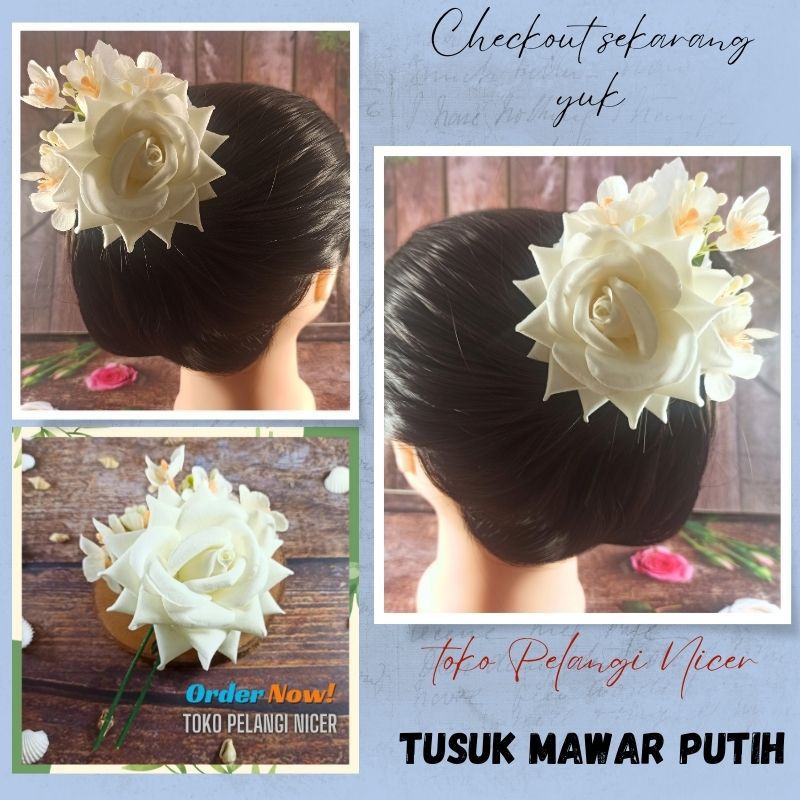 Tusuk Sanggul Rambut Sakura Mix Mawar Putih - Hiasan Sanggul Rambut Hairdo Cucuk Mawar Sakura Putih