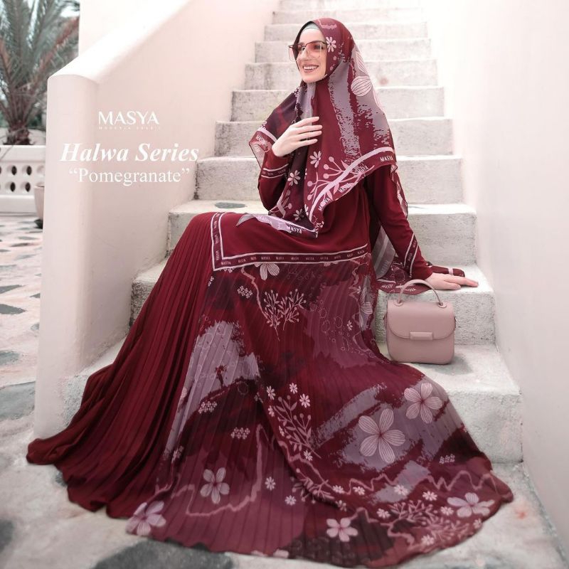 Set Gamis Dress Ceruty Babydoll Printing Premium Syari Branded Merah Maroon - Broken White - Ungu - 