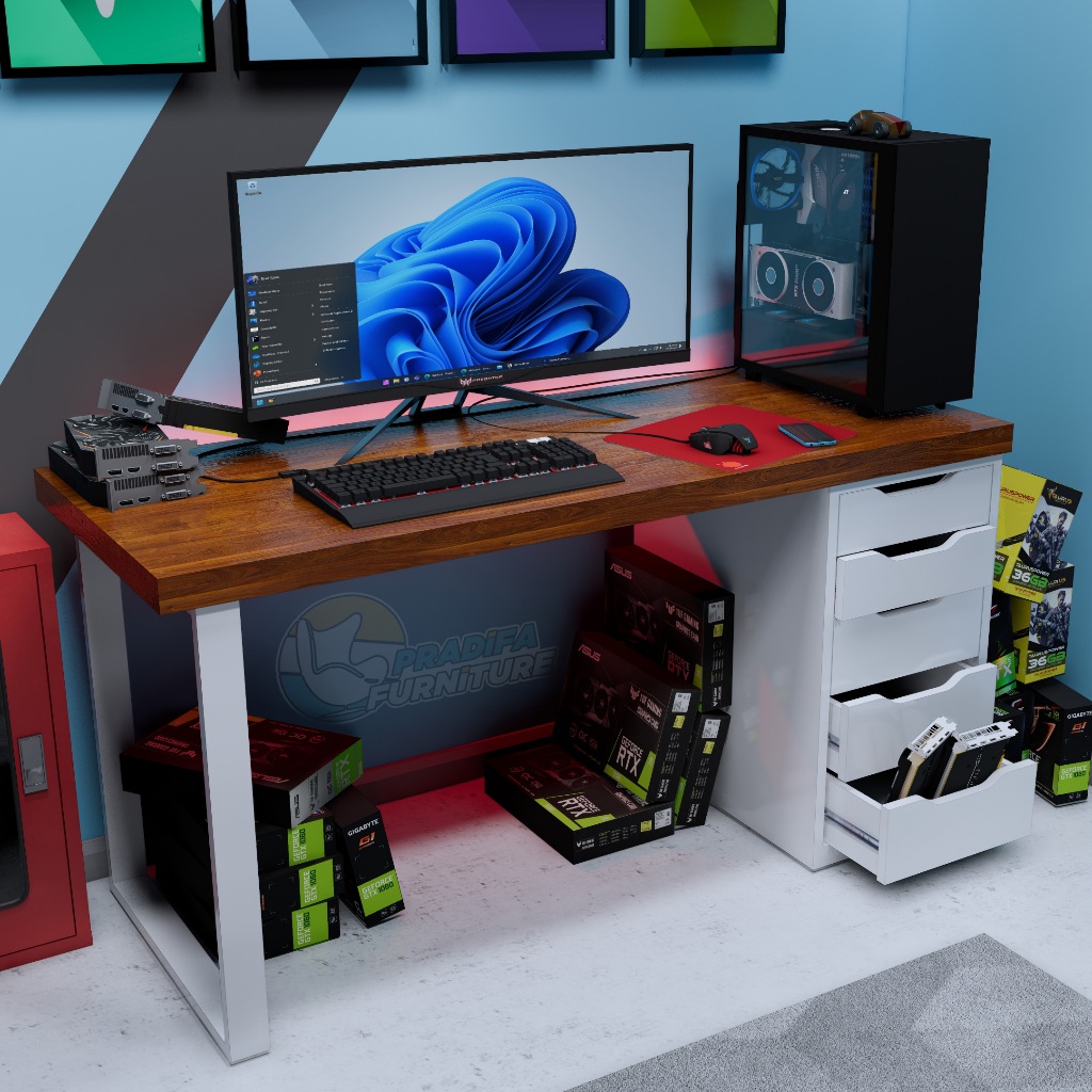 Desk setup - meja komputer - meja kerja - daun jati laminasi sepereti FJL atau jati solid