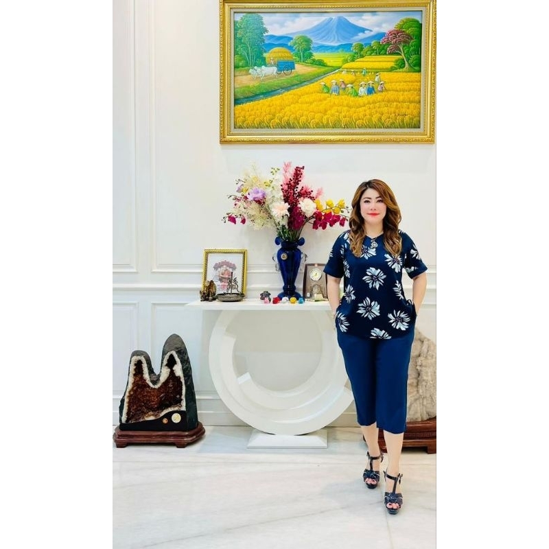 Setelan Rayon Twill Hijau Motif Bunga Bunga