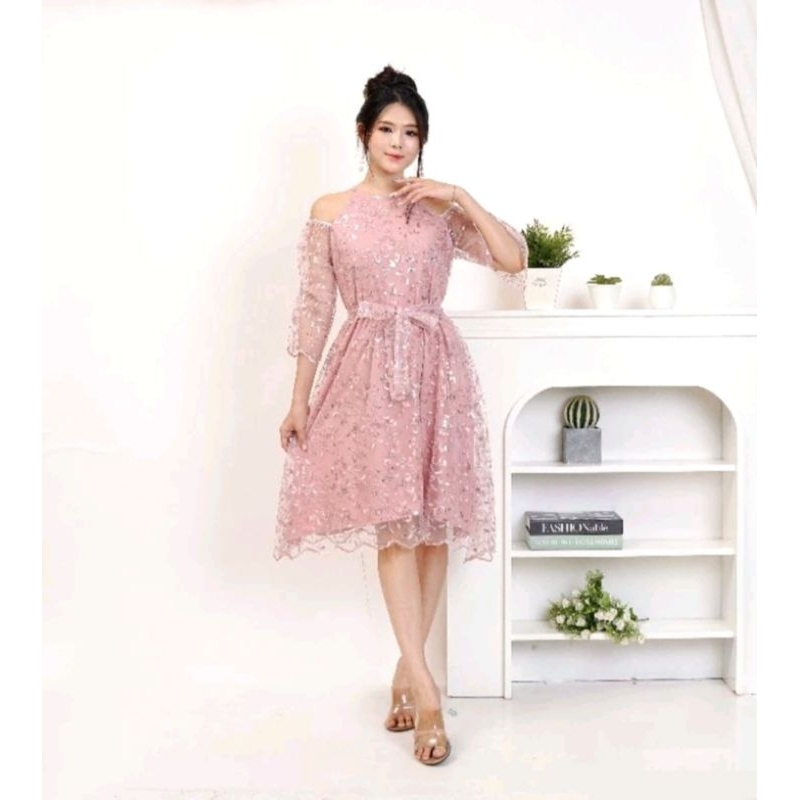 Midi Dress Brokat Payet Mewah Gaun Pesta Kondangan Elysse-198