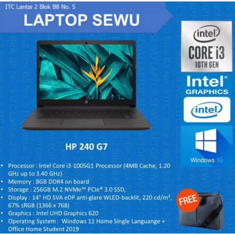 HP 240 G7 INTEL CORE I3-1005G1 8GB SSD256GB UHD 600 14" WIN 11 BARU
