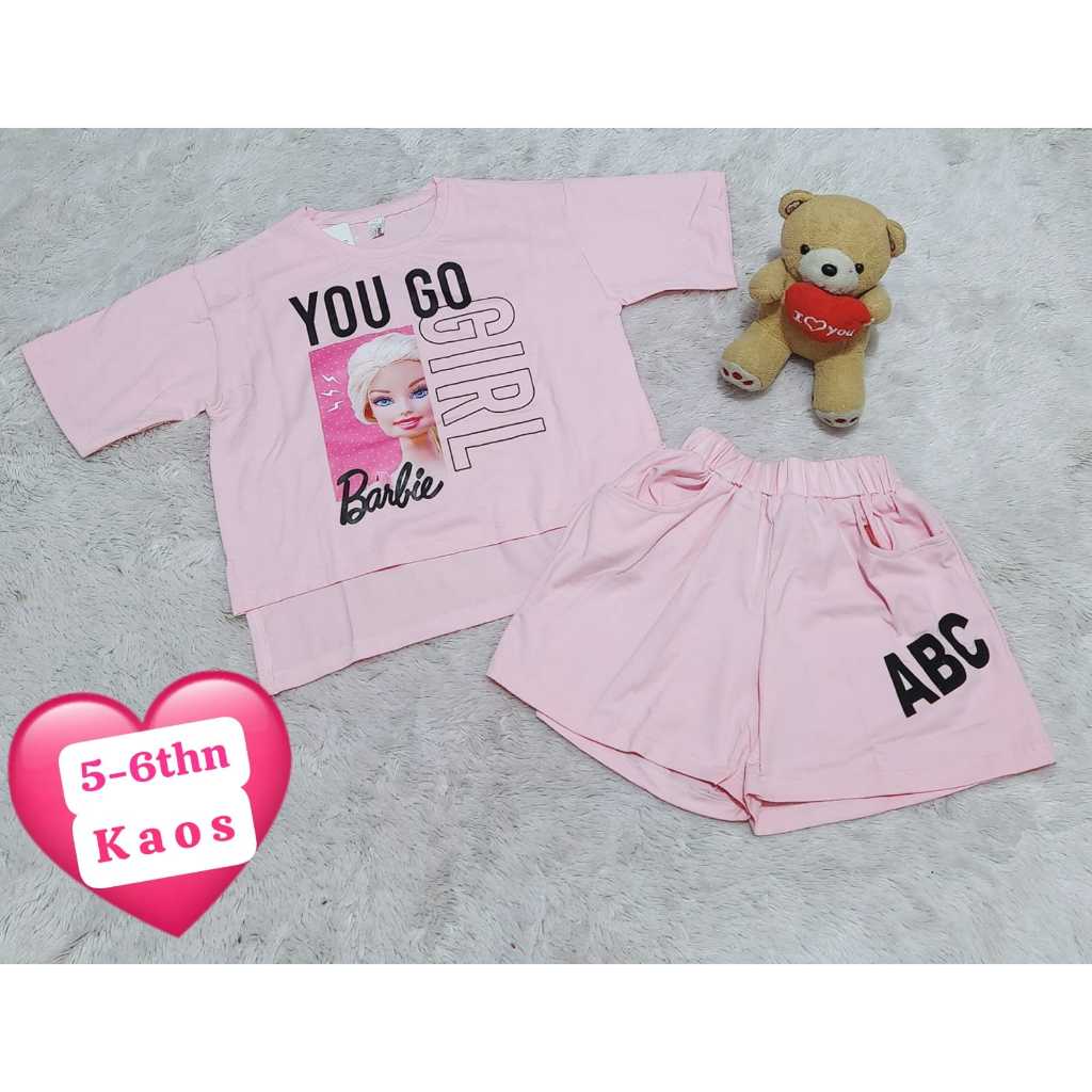 setelan celana anak cewek 45-mc pink Barbie Kaos