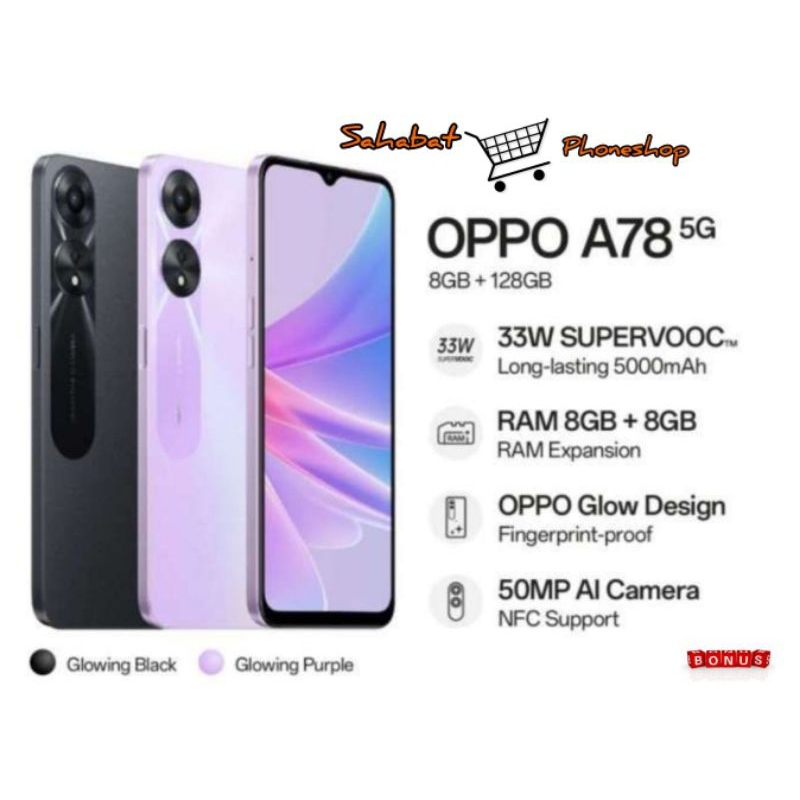 OPPO A78 5G RAM 8/128 ( 8GB + 8GB RAM EXPANSION) GARANSI RESMI