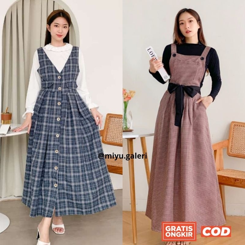 Missy Overall Linen Korea tebal Overall tanpa inner Aplikasi Ruffle rempel bahu rok kancing hidup ha