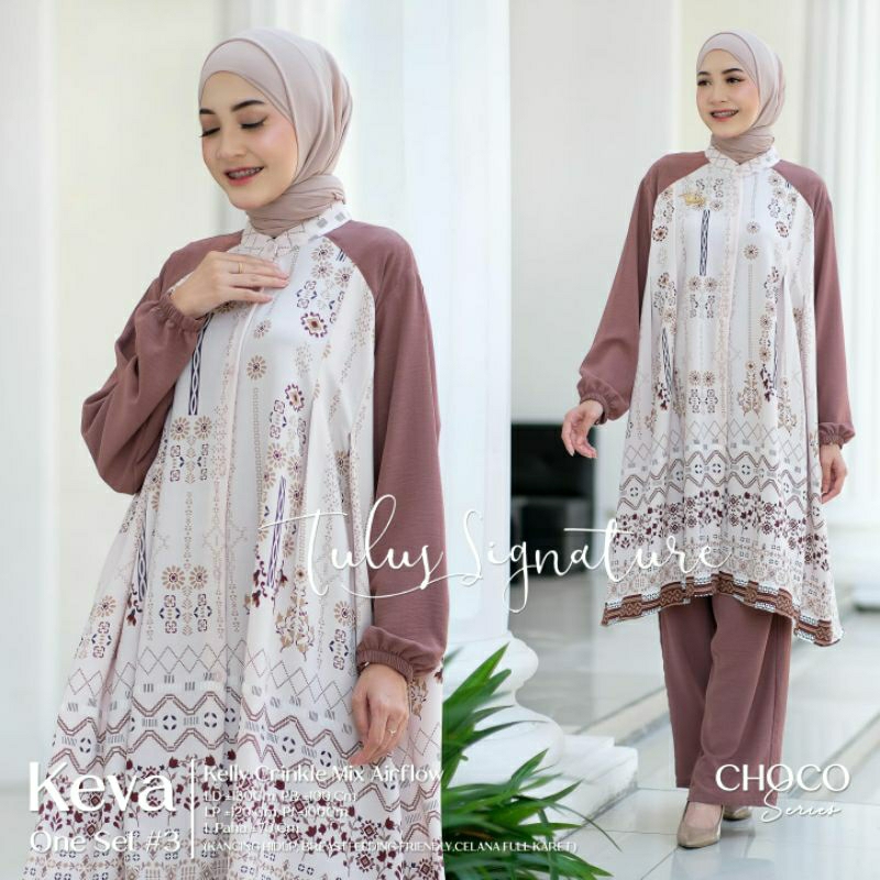 Keva One Set #3 By Tulus Signature | Setelan Jumbo XXXL Ld130 Long Tunik Crinkle Kancing Hidup Busui