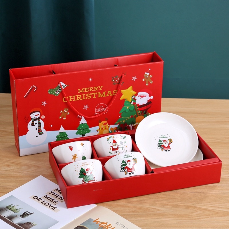 

TERBARU Christmas Gift Bowl Plate set Hadiah Natal 4 Hampers Natal Mangkok Piring Keramik pakai tas grosir