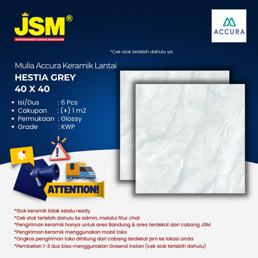 Mulia Accura Keramik Lantai Hestia Grey Glossy 40x40 KWP - JSM Supermarket Bahan Bangunan