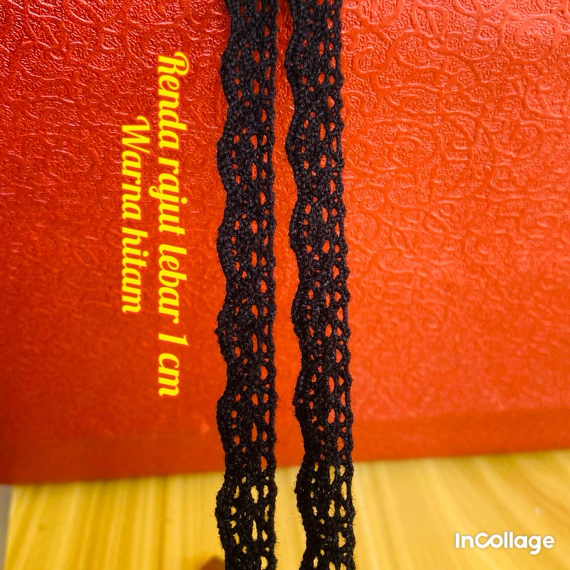 per rol 15 yard renda katun rajut warna hitam lebar 1 cm