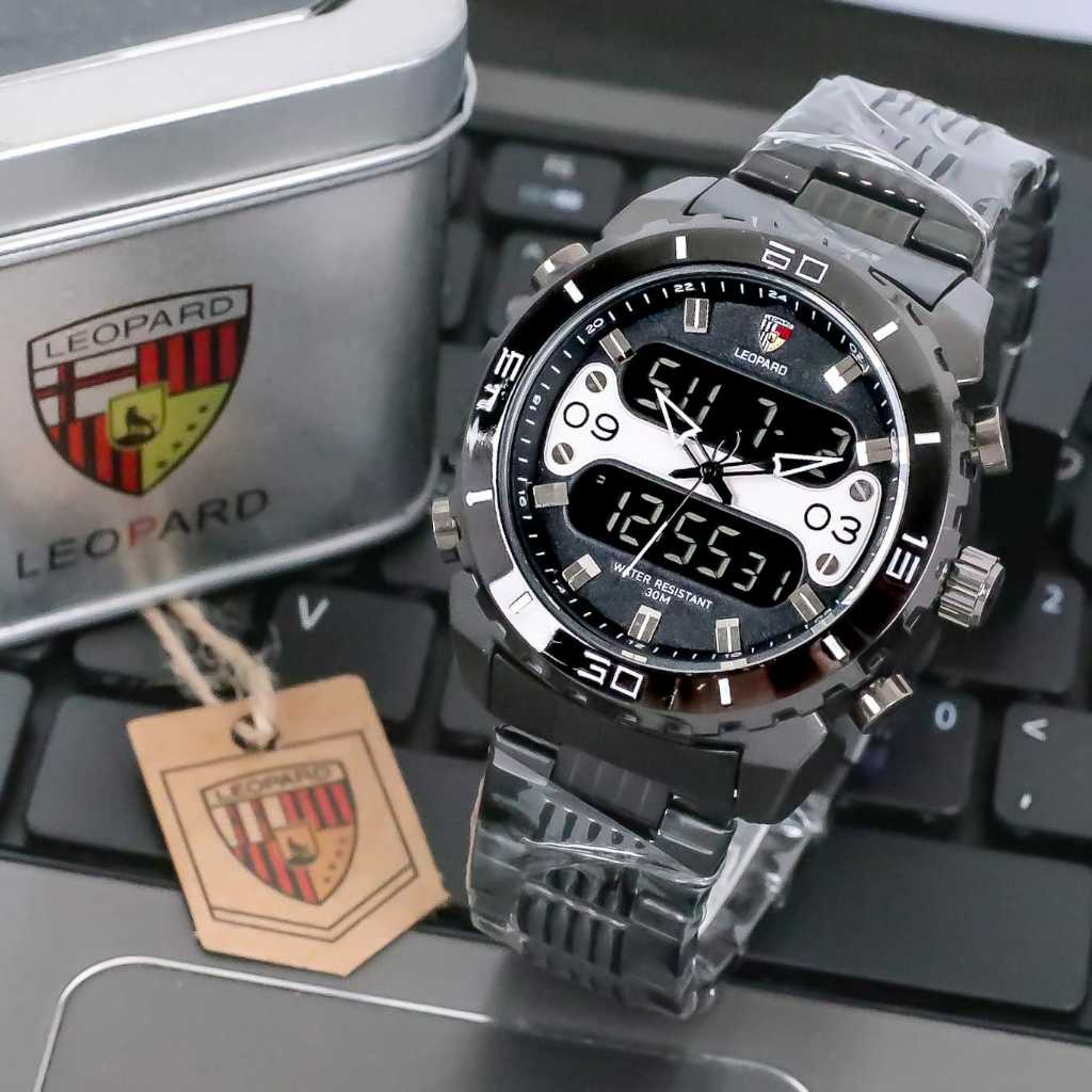 Promo - Jam Tangan Pria Leopard 8817 L2144Sl Original Dualtime Tanggal Aktif Tali Rantai Free Box Or