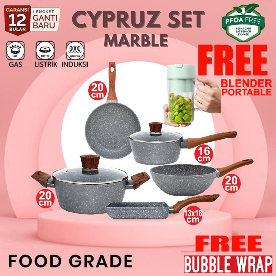 Cypruz Set FryWok Pan Induksi Cyprus Cookware Marble 5 Pcs panci wajan Anti Lengket