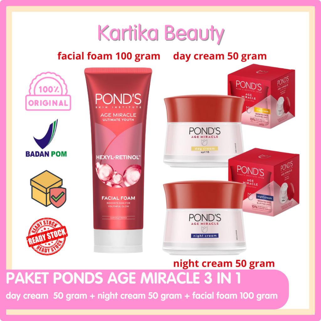 PAKET PONDS AGE MIRACLE 2 IN 1 KRIM SIANG 50 GRAM DAN KREM MALAM 50 GRAM / 3 IN 1 SKIN CARE ANTI AGI
