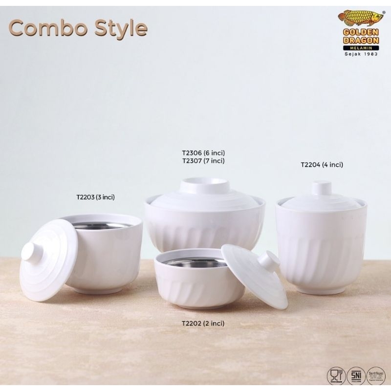Mangkok Sup Plus Tutup Tinggi 2 & 3 & 4 Inch Plus Stainless - Golden Dragon Melamin (T2202SET) (T220