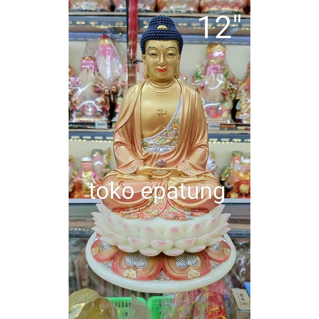 patung buddha sakyamuni / gaotama - 12 inch - giok putih - emas