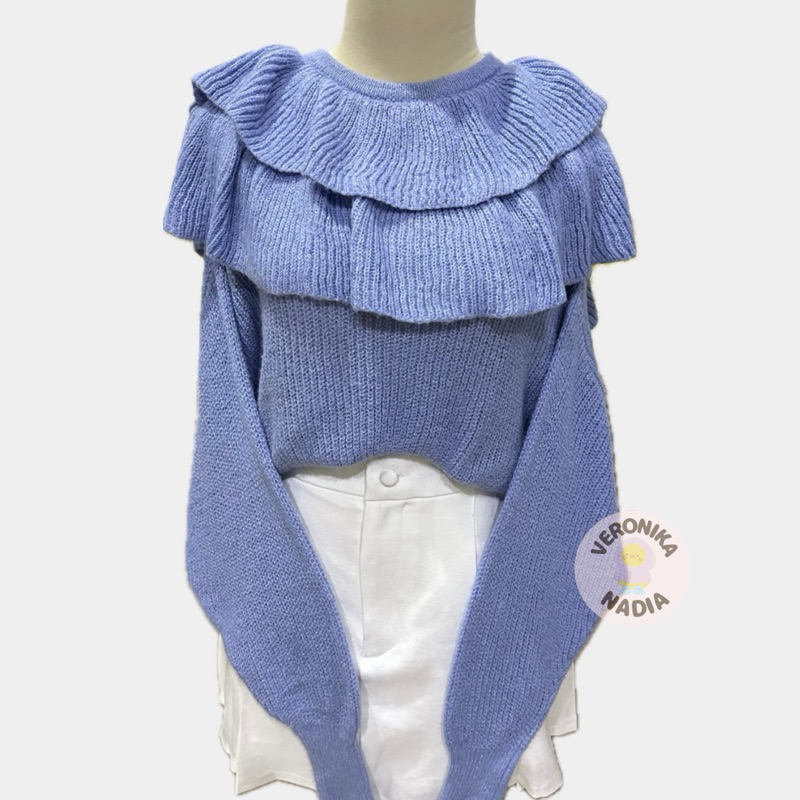SWEATER RAJUT ZARA RUFFLE ZR ORIGINAL | ATASAN RAJUT RUFFLE ZARA DENIM BLUE