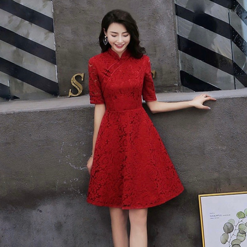 HAN JIE DRESS - Dress pesta wanita chinese qipao gown cheongsam maxi halter lace brukat dress party 