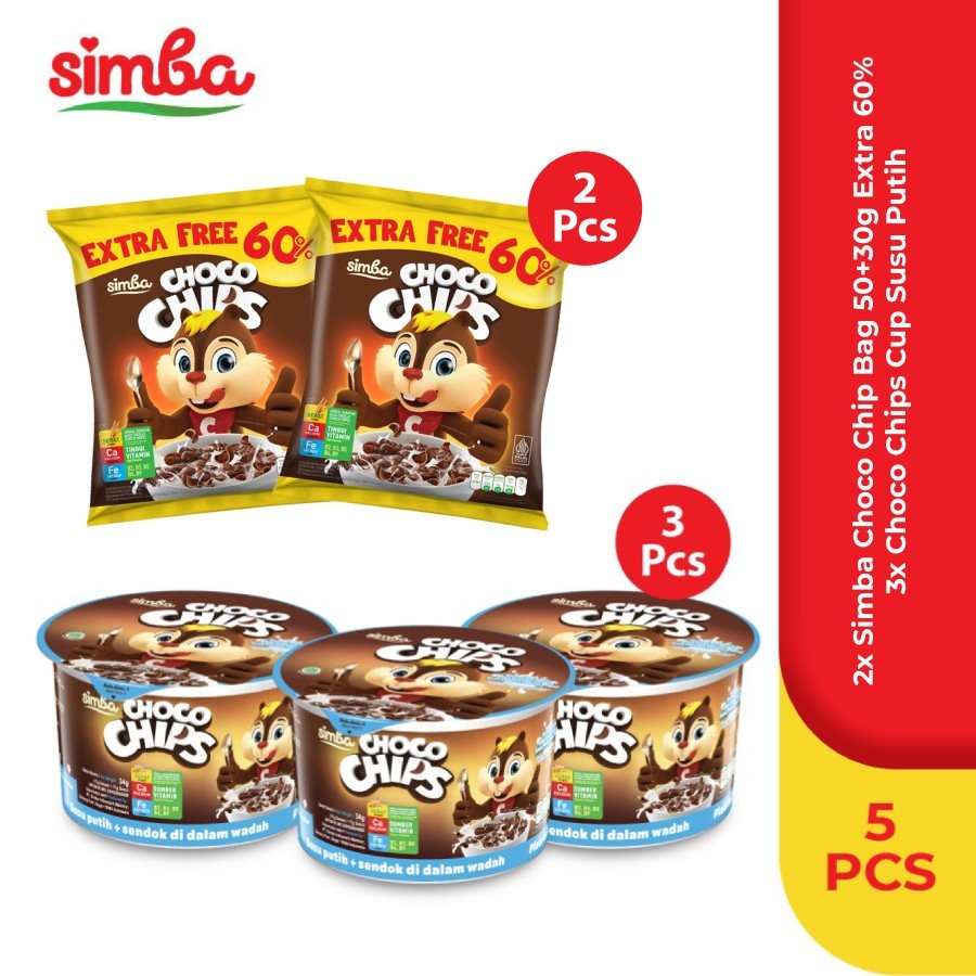 

2 ChocoChip Bag 50gr Free60% Xtra + 3 ChocoChip Cup Susu Putih 34gr