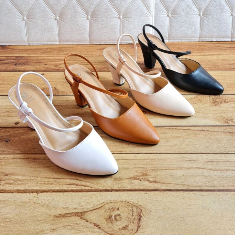 Sepatu Kerja Wanita Import Hitam Sepatu Hak Heels Branded Ori Tali Belakang Sepatu Model Terbaru