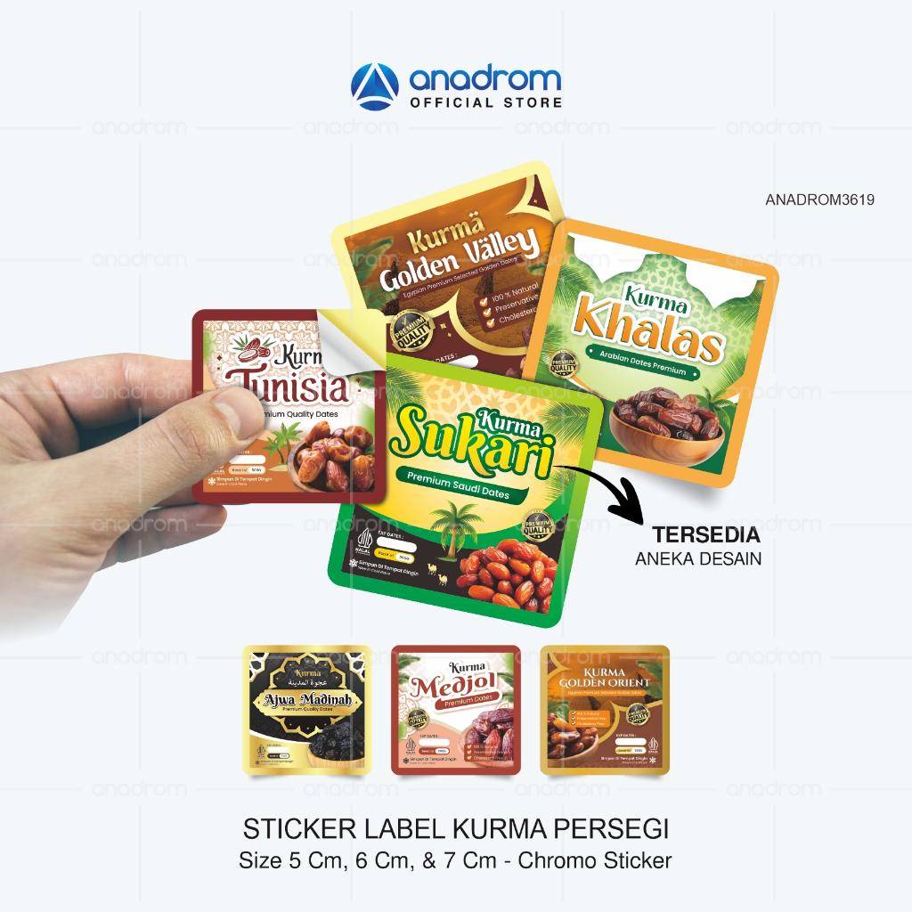 Sticker Label Kurma Persegi | Sticker Kurma Sukari, Khalas, Ajwa Madinah, Tunisia, Golden Valley, Golden Orient, Medjol | Anadrom 3619