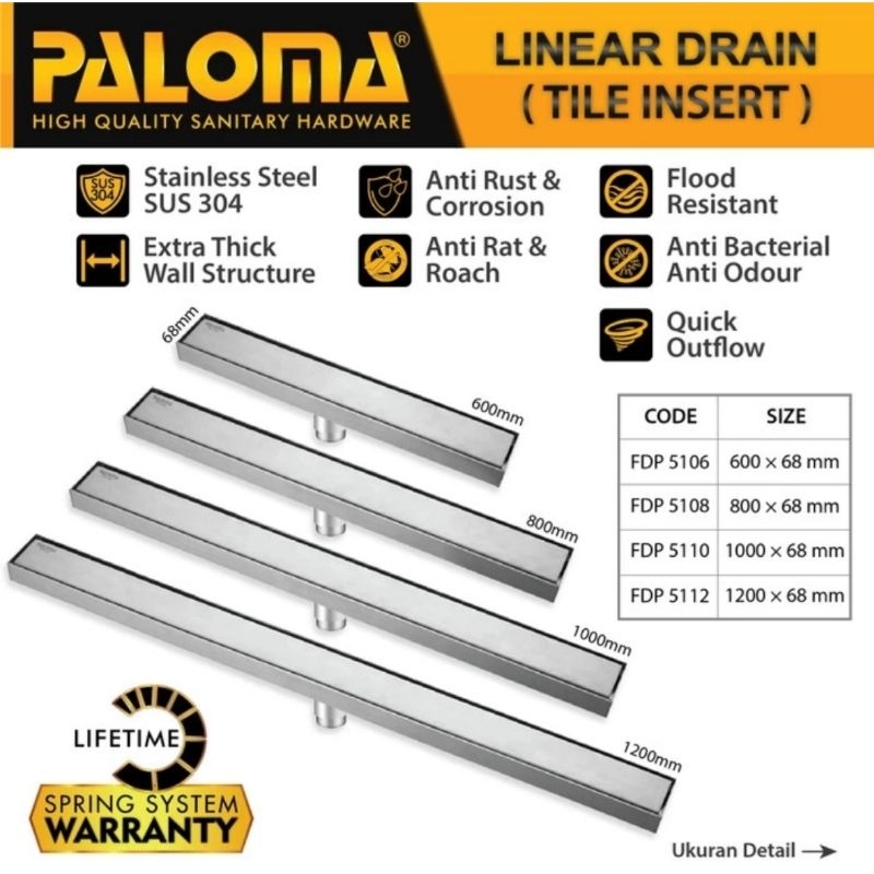 PALOMA FDP 5106 / FDP 5108 / FDP 5110 / FDP 5112 Floor Drain Panjang Saringan Kamar Mandi