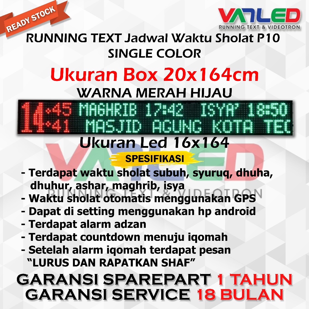 Jam Sholat Jadwal Sholat Digital Jam Masjid P10 Single Color 20x164cm Wifi