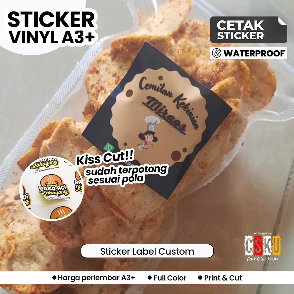 

Cetak Stiker Custom Label Vinyl Chromo Transparan A3+ Print Cut Kemasan Kiss Cut Tahan Air