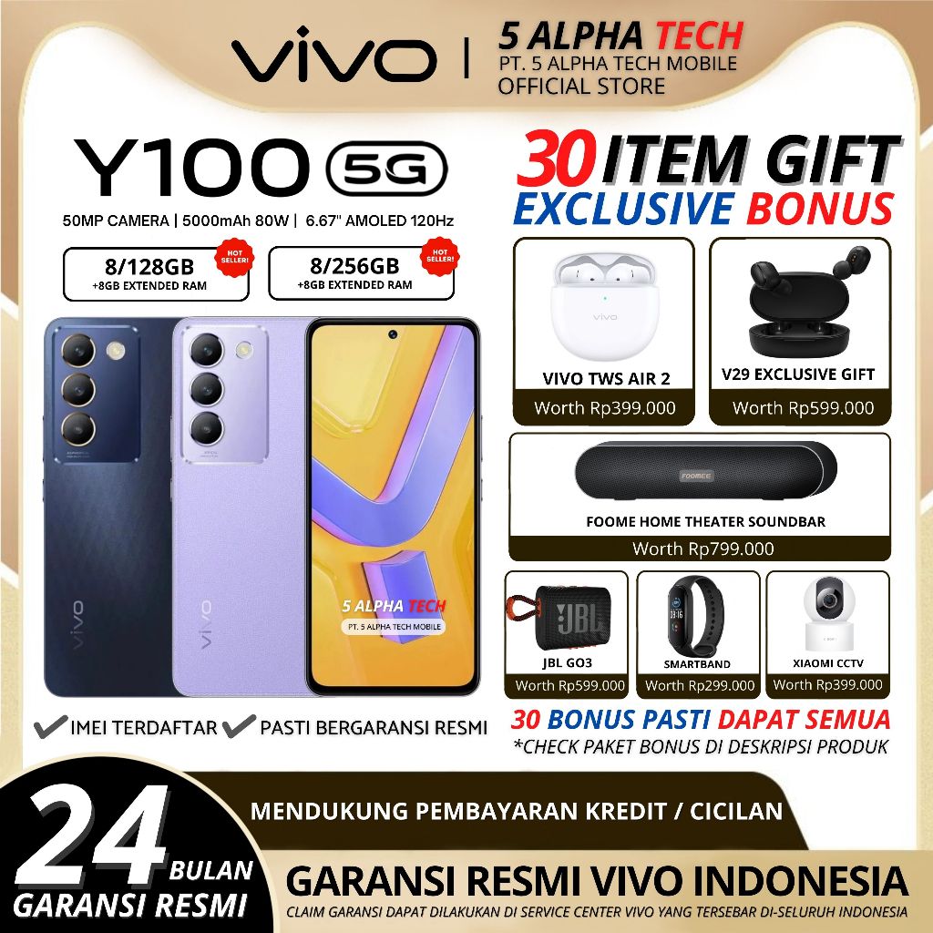 VIVO Y100 5G NFC 8/256GB 8/128GB ( +8GB Extended RAM ) Garansi Resmi Vivo