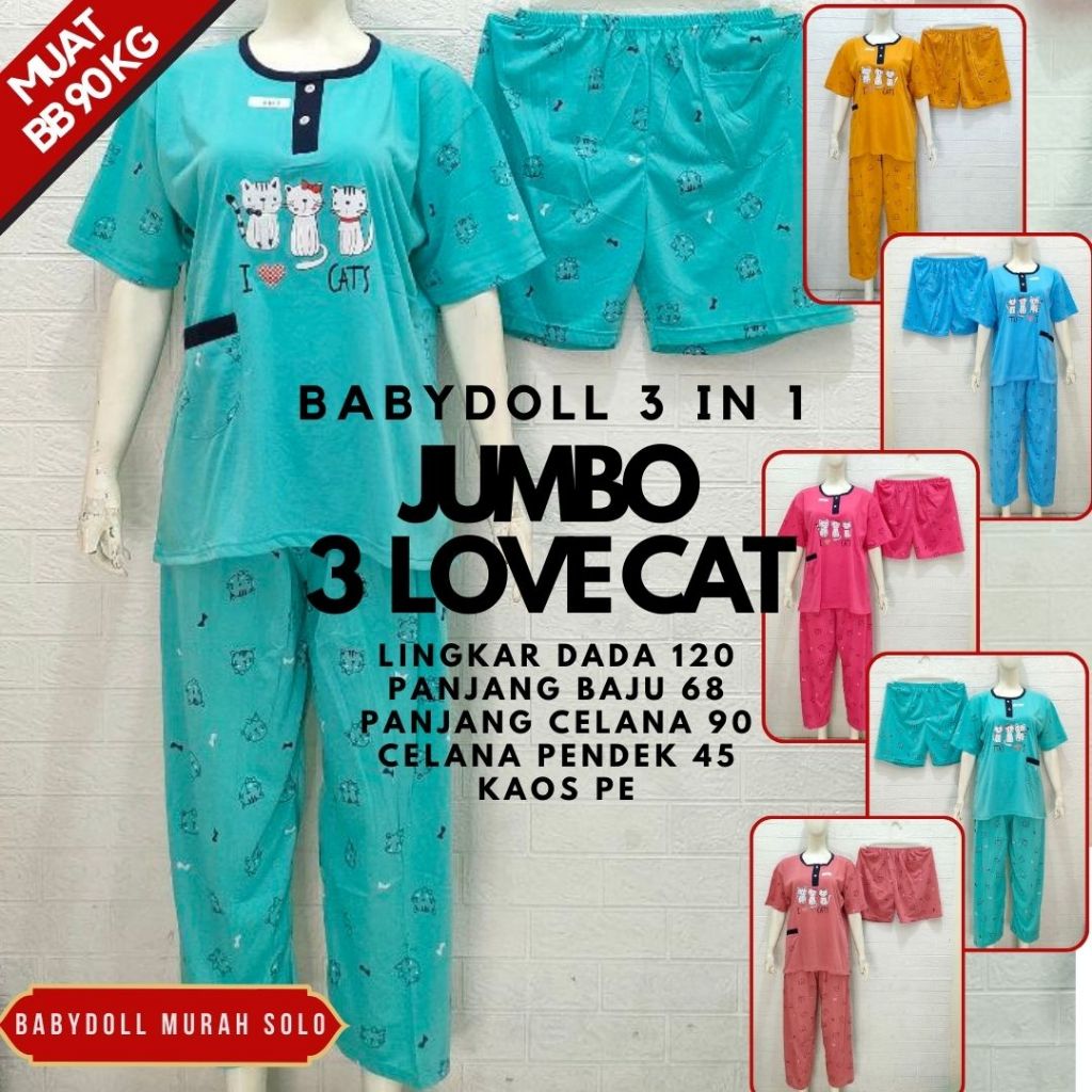 (BabyDoll 3in1 Jumbo) Setelan Baju Tidur Wanita 1 Celana Panjang + 1 Celana Pendek Miki Salur Muat 9