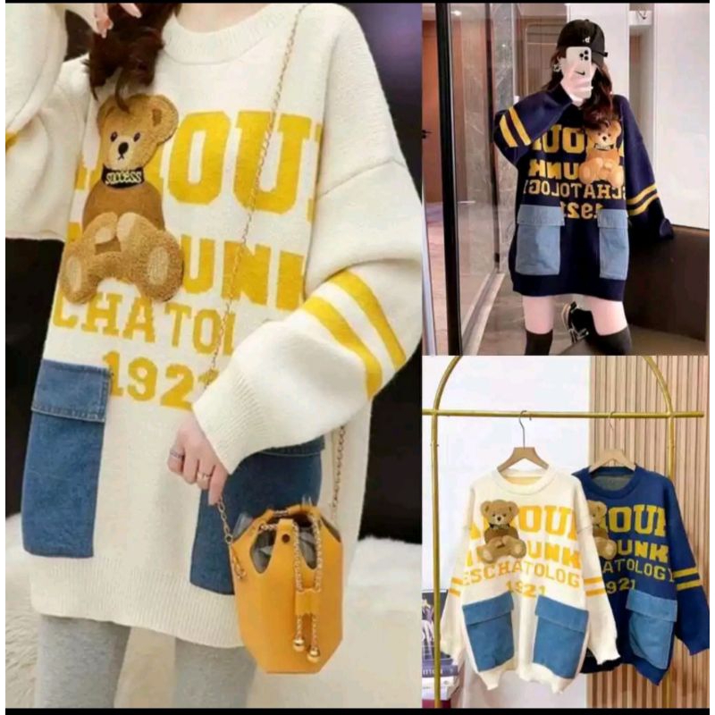 KAOS KOREA KK 51 SWEATER RAJUT KOMBINASI JEANS PREMIUM IMPORT