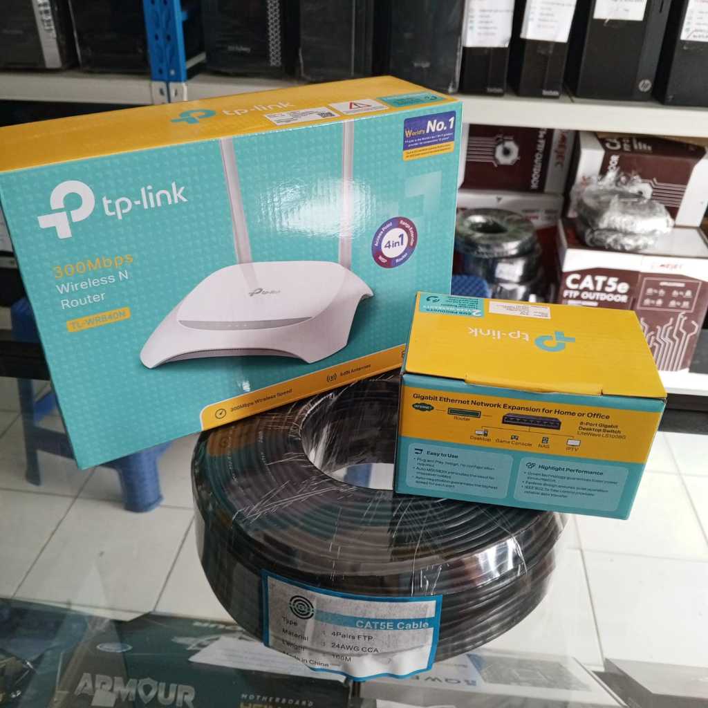 Paketan Ruter tp link TL-WR840N _ Switch hub 8 port tplink / totolinkdan kabel lan ftp outdoor 100M