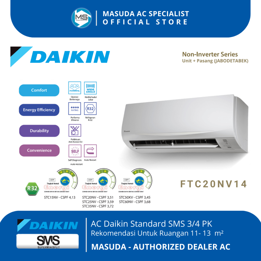 AC Daikin 3/4 PK Standard Thailand Super Mini Split Non-Inverter FTC Series FTC20NV14 + Pasang