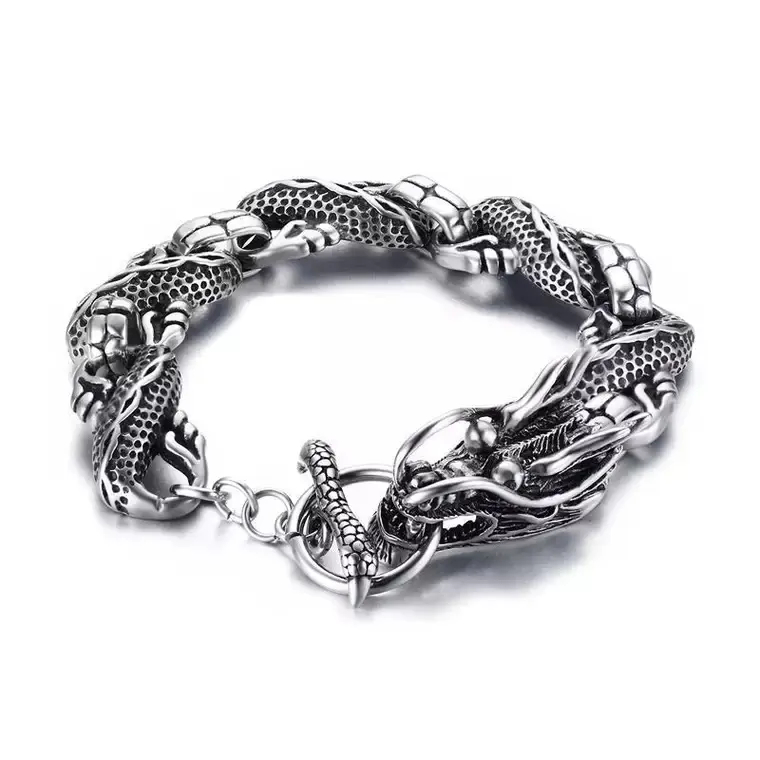 Gelang Naga V4 / Gelang Rantai Pria Model Naga Silver / Gelang Rantai Kepala Naga / Gelang Pria Naga