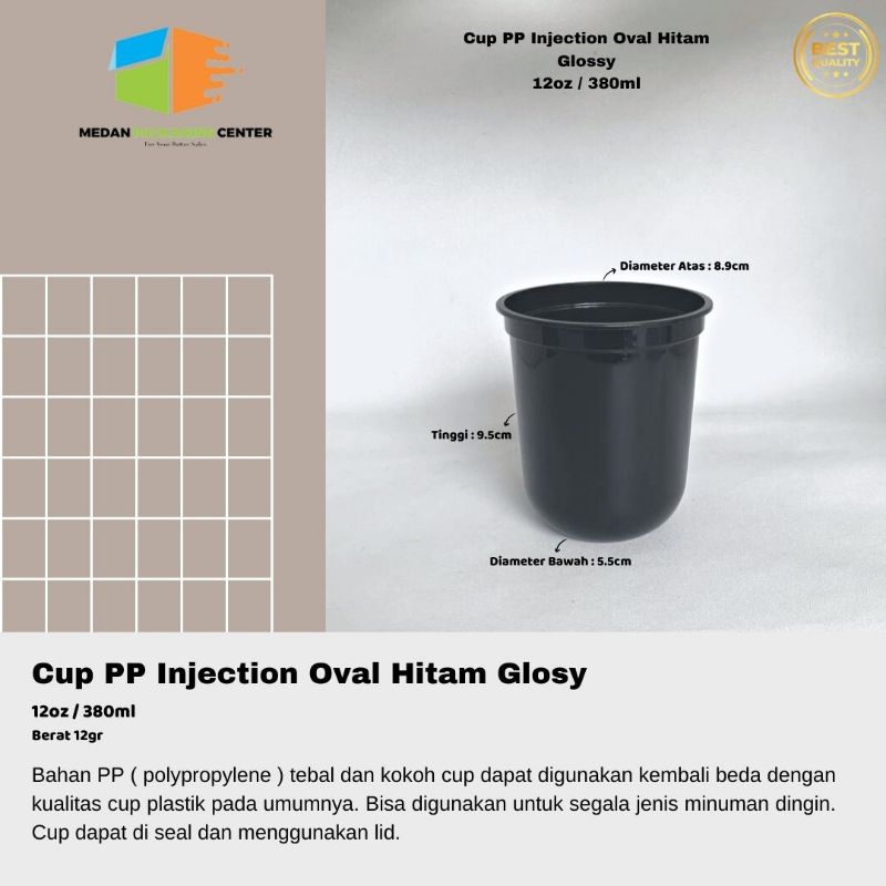Cup Plastik PP injection oval hitam 12oz (350ml) tanpa tutup / Cup minuman dingin / Gelas plastik