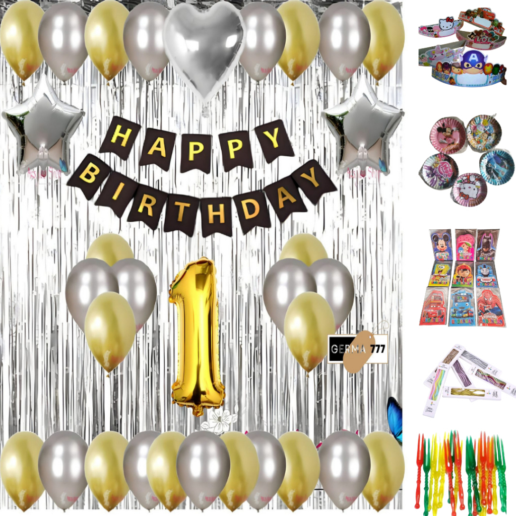Set Dekorasi Ulang Tahun Balon Banner Tirai Silver Dan Perlengkapan Ultah Anak Simple