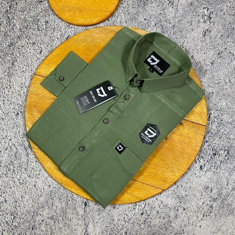 Kemeja Hem Pria polos warna Hijau Army lengan panjang