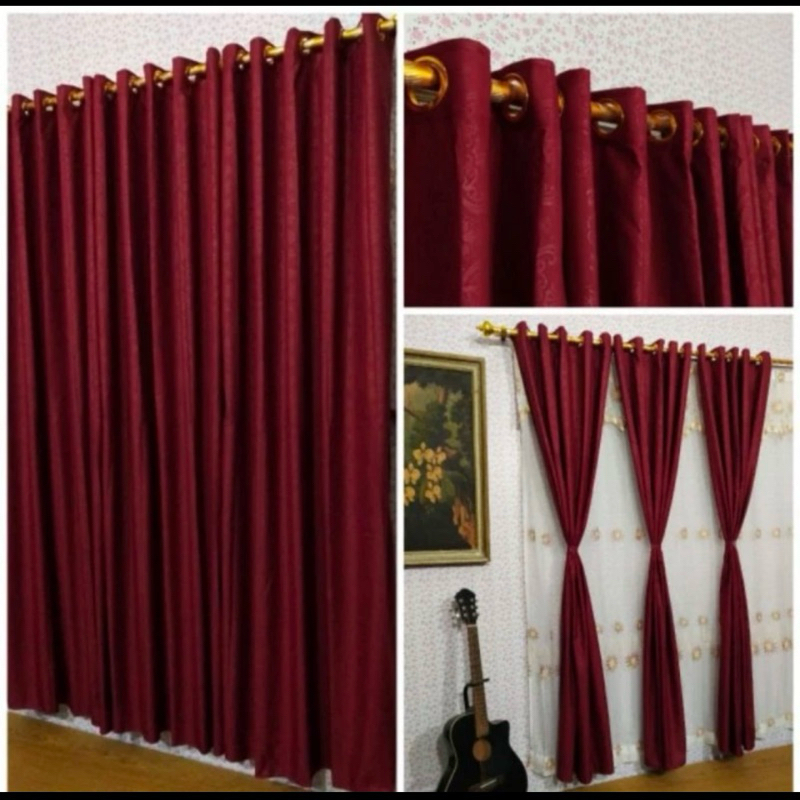 Tirai Gorden Pintu Jendela Merah Maroon Emboss Polos 12 Ring