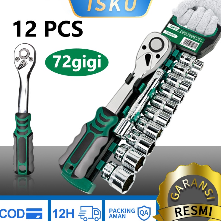 T ISKU Kunci Sok Set CRV 12 PCS Kunci Sok Wrench 12 Rachet alat perkakas lengkap motor Harga Promo