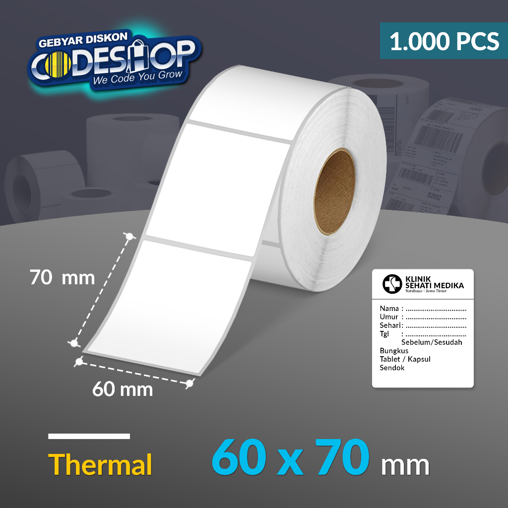 

Codeshop Label Stiker Thermal 60 x 70 mm 1 Line Core 1 Inch 1000 Pcs Printer Barcode