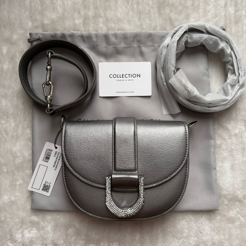 Tas Charles and Keith Mini Gabine Leather Saddle Bag in Pewter Original Preloved
