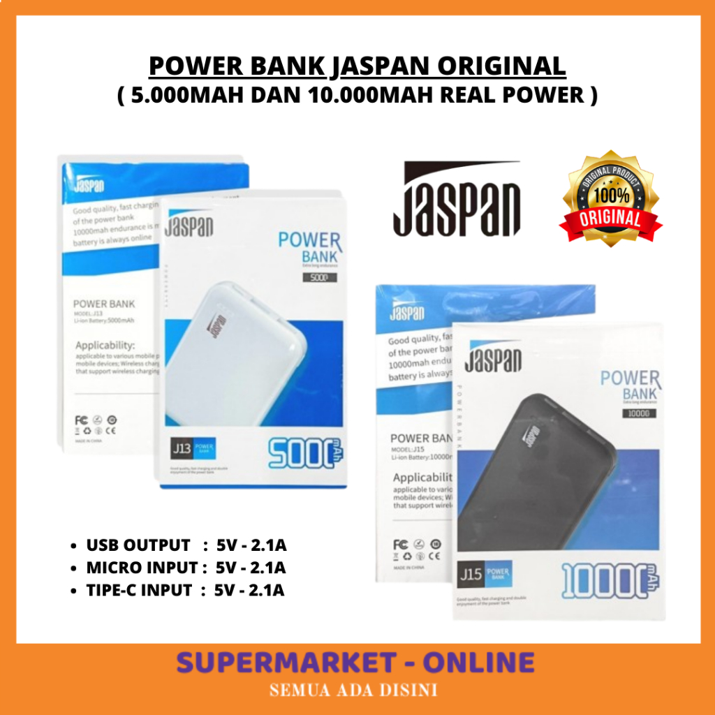 REAL CAPACITY POWERBANK POWER BANK PB 5000MAH DAN 10000MAH BUAT HANDPHONE HP TABLET "JASPAN" ORIGINA