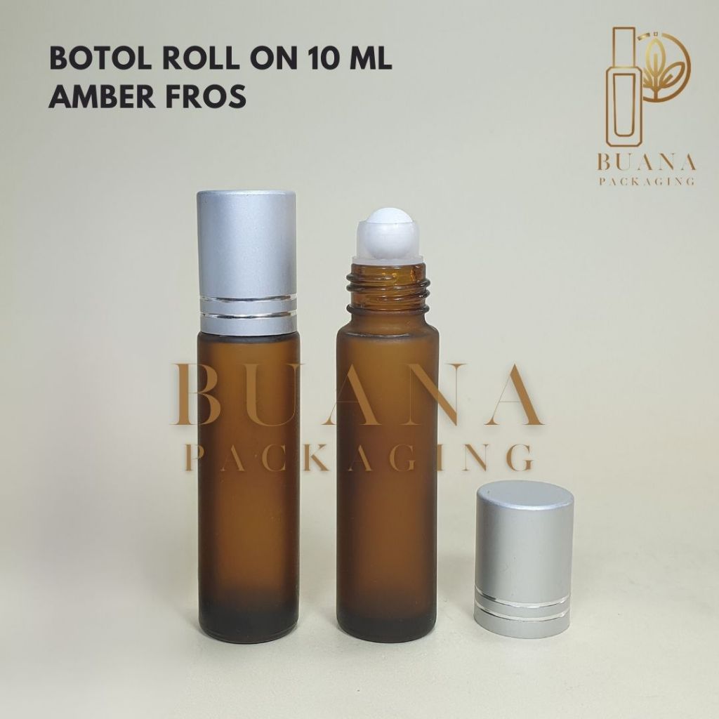 Botol Roll On 10 ml Amber Frossted Tutup Stainles Silver Matte Bola Plastik Putih / Botol Roll On / Botol Kaca / Parfum Roll On / Botol Parfum / Botol Parfume Refill / Roll On 8 ml