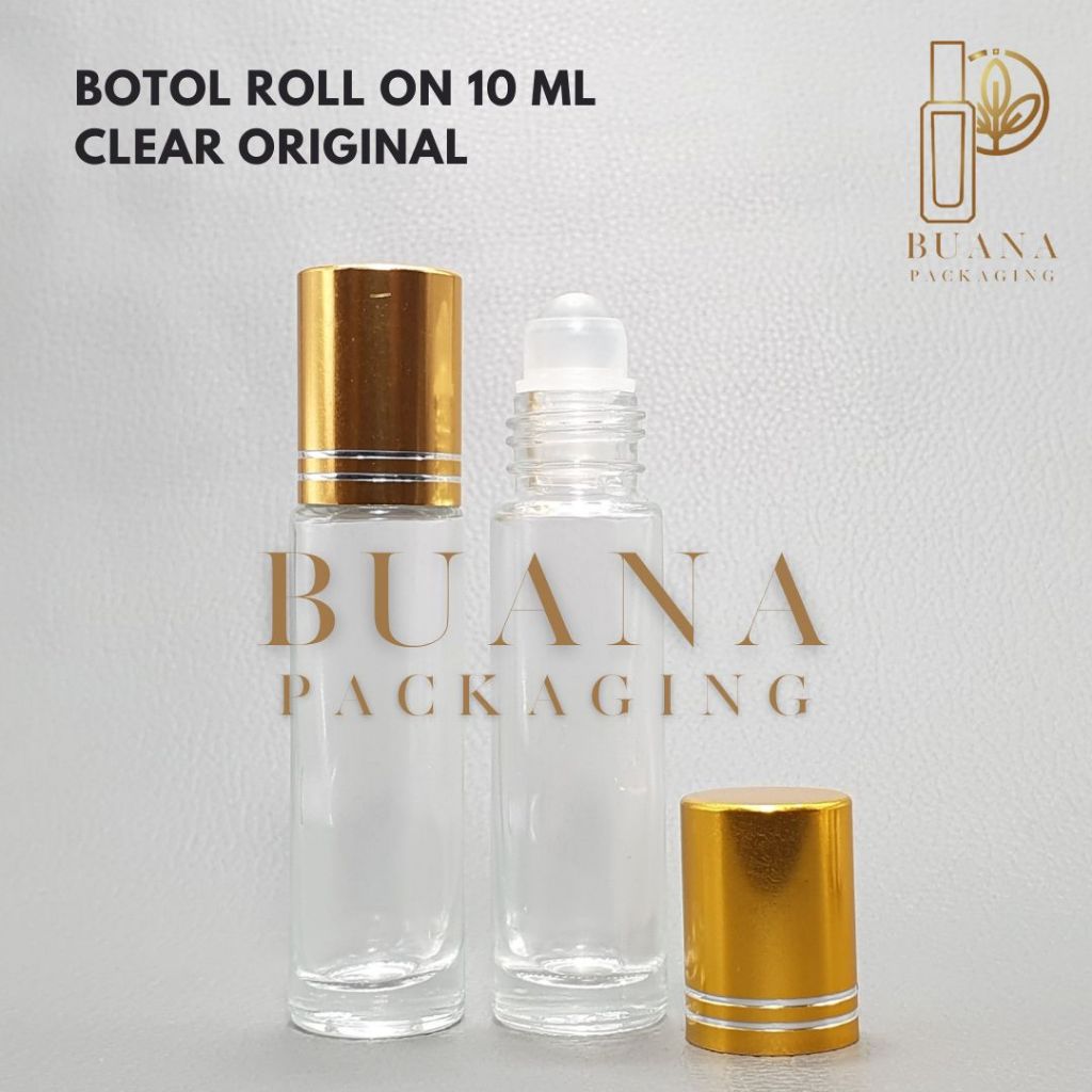 Botol Roll On 10 ml Clear Original Tutup Stainles Emas Shiny Garis Bola Plastik Natural / Botol Roll On / Botol Kaca / Parfum Roll On / Botol Parfum / Botol Parfume Refill / Roll On 6 ml