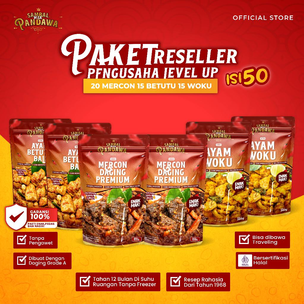 

Paket Usaha Reseller Pengusaha Level Up- 50 pcs Sambal Mak Pandawa