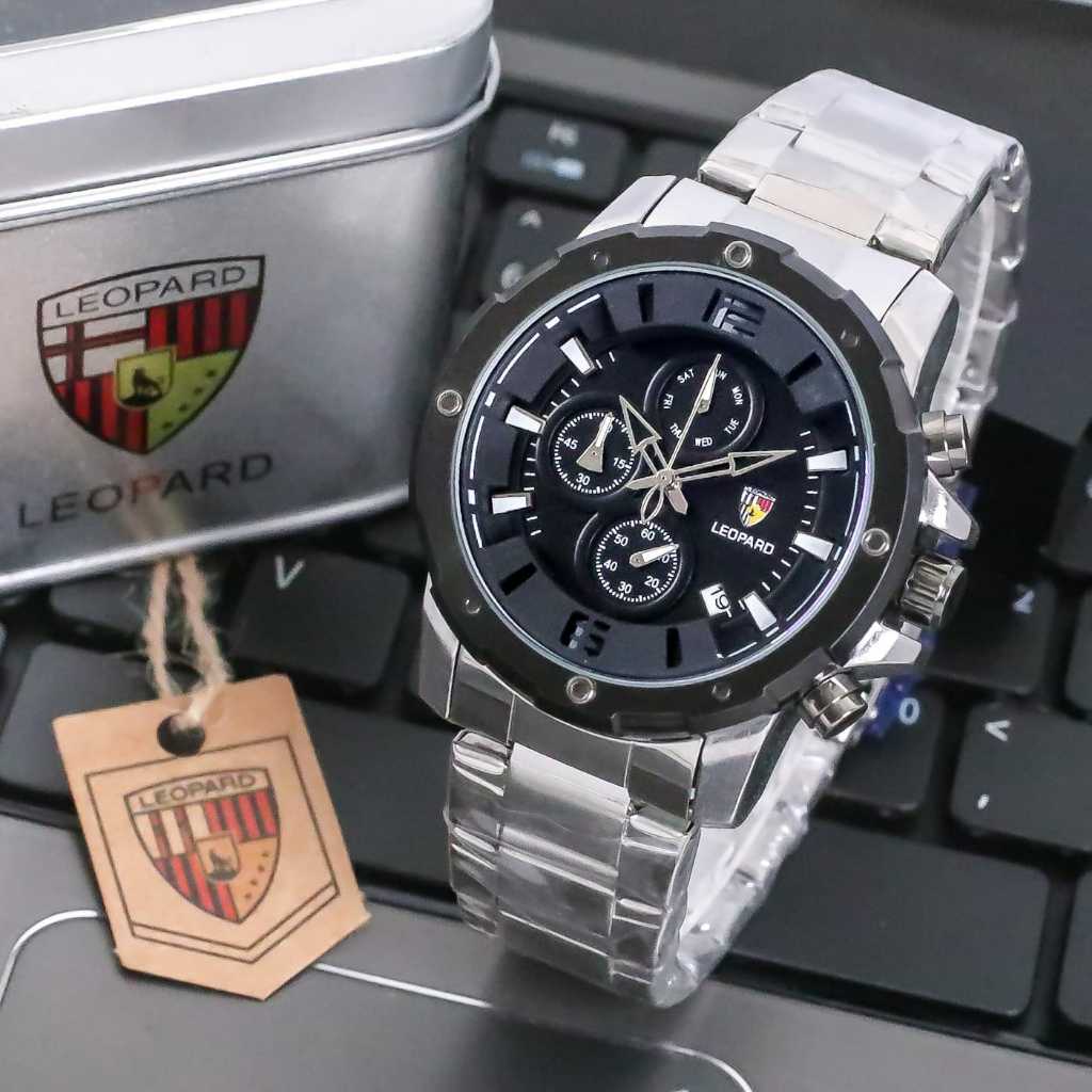 [ BISA COD ] JAM TANGAN PRIA ORIGINAL LEOPARD 8806 ANALOG CHRONO TANGGAL AKTIF TALI RANTAI DIAMETER 
