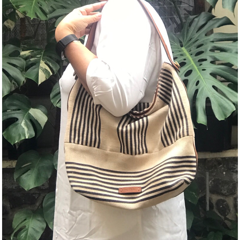 preloved fossil tote kanvas kulas ocil original tas f o s s i l branded tas