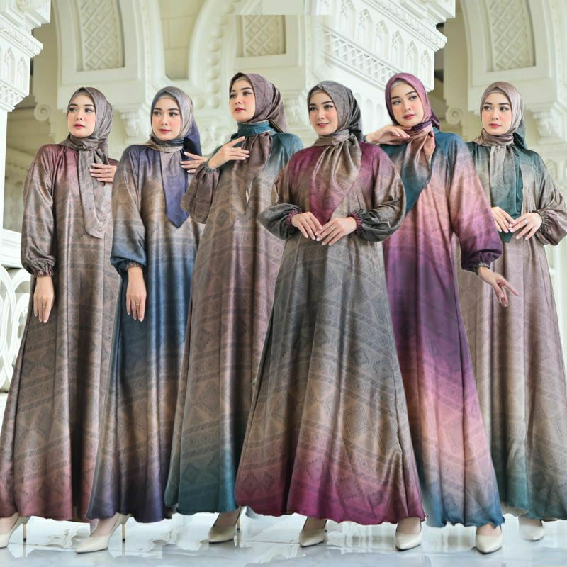 Gamis Set Hijab Armani Silk Premium motif Etnik Gradasi