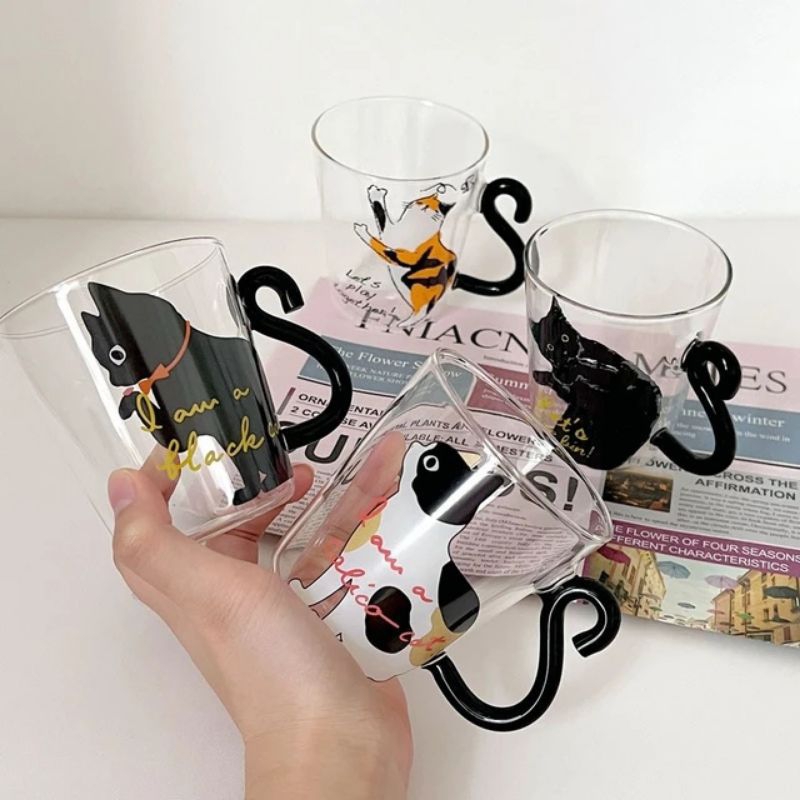 Gelas Cangkir Kopi Susu Teh Unik Bahan Kaca Desain Kucing 250ml